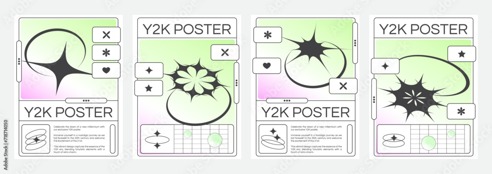Poster poster design template in y2k style with star and twinkle simple black elements on pastel soft fluid