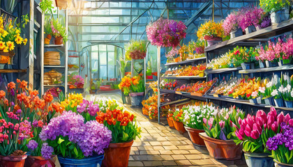 Fototapeta na wymiar flowers in the greenhouse in the spring, painting art design