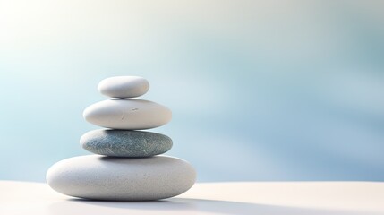 Pile of Zen stones on pastel blue background. generative AI