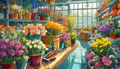 flowers in the greenhouse in the spring, art design