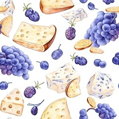 Cheese and Grapes Painting on a White Background