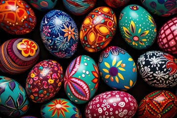 Fototapeta na wymiar Easter eggs background. Each egg is uniquely decorated with different patterns and colors