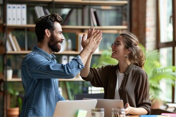 Two happy friendly diverse professionals, teacher and student giving high five standing in office celebrating success, partnership teamwork and team motivation in office, Generative AI