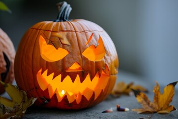 Halloween night, pumpkin in nature with burning eyes, dark atmosphere