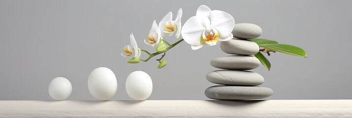 a pile of zen stones decorated with white orchids on the side. generative AI