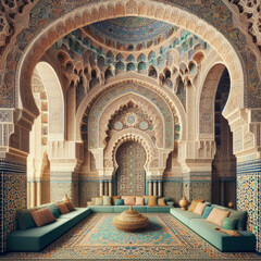 Fototapeta na wymiar Moroccan riad decorated with an arabesque style geometric mosaic, generative ai