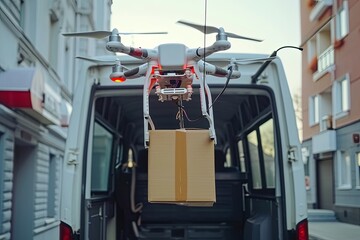 Robotic vertical mobility autonomous micro drone technology. Innovative packaging, payload for export. Dispatch centers coordinate transport of goods, efficiency drone transport & secure cybersecurity