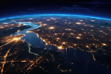 Nighttime view of Earth with city lights.