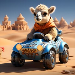 A cute baby camel riding a toy car in the desert. Generative AI.