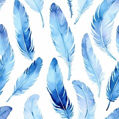 Blue Watercolor Feathers on White Background Pattern