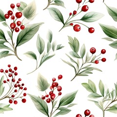 Seamless Pattern of Red Berries and Green Leaves on a White Background