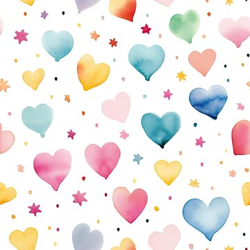 Watercolor Hearts and Stars on White Background Seamless Pattern