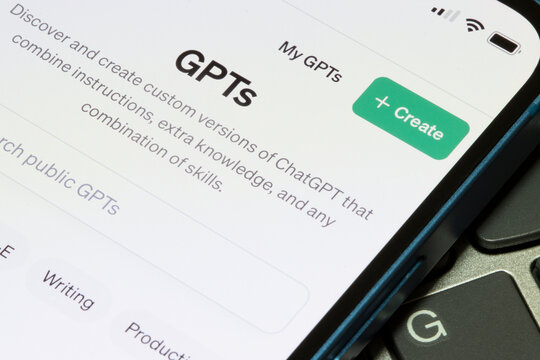 Portland, OR, USA - Jan 11, 2024: The user interface of GPT Store for custom GPTs is seen on OpenAI's website on an iPhone.