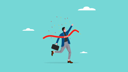 career success or business objective, achieve business goal, happy businessman crossing the ribbon line of business goals concept vector illustration with flat design style