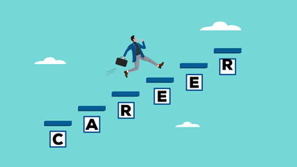 journey to career success, business progress step towards career success, businessman running up the stairs of achievement concept vector illustration with flat design style