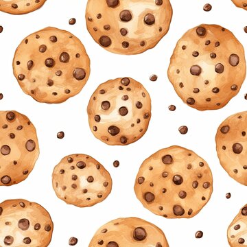Seamless Pattern of Chocolate Chip Cookies on a White Background