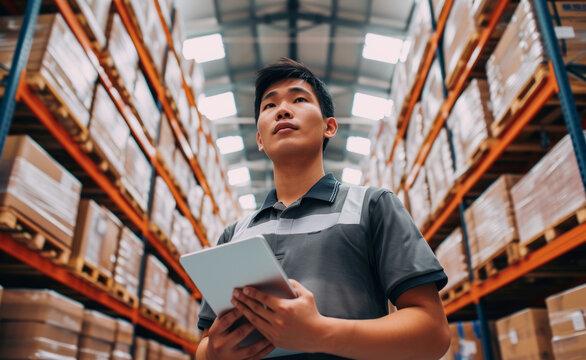 Warehouse, business and man employee or manager checking tablet or product for courier service, delivery or exports. Confident, successful and hard working male at factory for parcels or inventory