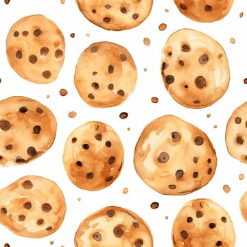Seamless Pattern of Chocolate Chip Cookies on White Background