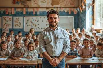 Smiling male teacher in class looking at camera, students studying, Teachers' Day, Children's Day, primary school students, middle school students,rural teacher