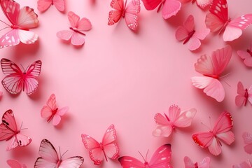 frame made of pink butterflies on pink background with copy space. Flat lay. Spring summer banner. Generative AI