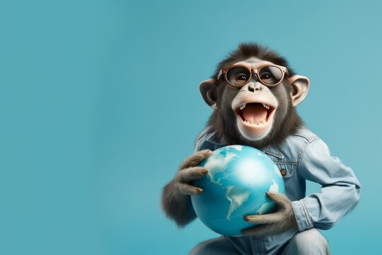 A cheerful monkey with glasses holds a globe, a ball in his hands. Cute primate character