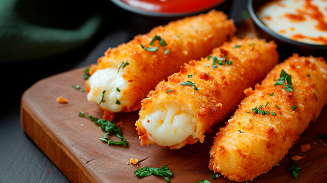 Breaded cheese sticks on the table. Selective focus.