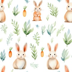 Watercolor Pattern With Rabbits and Carrots