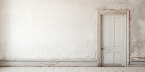 Daytime in old empty room, shabby white wooden door.