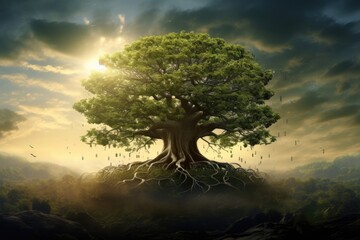 lonely magical miracle tree on the edge, fairy-tale landscape, concept of magic, dream come true
