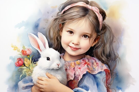 girl holding white rabbit in her hands. Spring, Easter, birth card, print, background