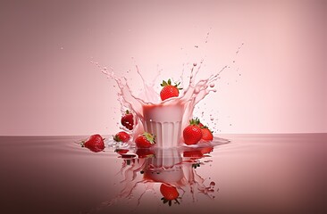 A glass of strawberry milk with strawberries is decorated on the side. generative AI