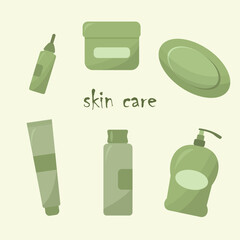 Green set of facial creams products,Skincare products illustration collection,hair care,vector illustration