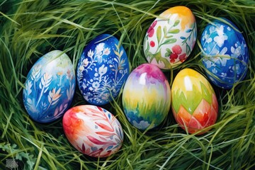Fototapeta na wymiar Easter eggs lying in the grass. Each egg is decorated with different patterns and colors