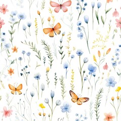 Watercolor Painting of Flowers and Butterflies