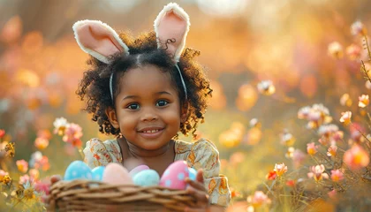 Poster Cute African American little girl with painted Easter eggs in basket and bunny ears in hair decoration in hair background. Stylish spring design portrait with eggs and flowers. Happy Easter Holiday  © annebel146