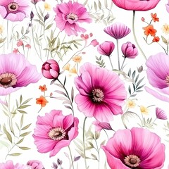 Pink Flowers and Green Leaves on White Background Seamless Pattern