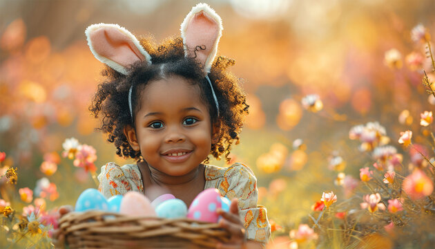 Cute African American little girl with painted Easter eggs in basket and bunny ears in hair decoration in hair background. Stylish spring design portrait with eggs and flowers. Happy Easter Holiday 