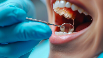 The dentist looks at the patient's teeth. Selective focus.