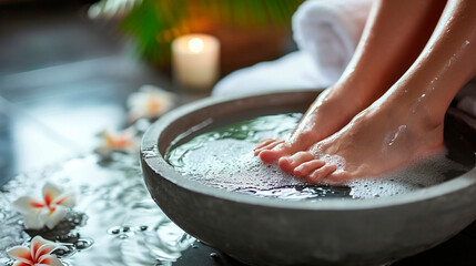 Feet foot bath in spa salon. Selective focus.