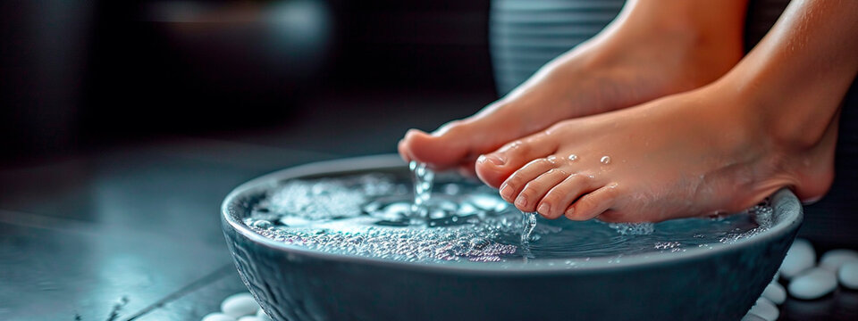 Feet foot bath in spa salon. Selective focus.