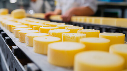 Obraz premium Heads of cheese on a production tape. Selective focus.