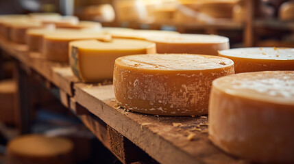 Heads of cheese on a production tape. Selective focus. - obrazy, fototapety, plakaty
