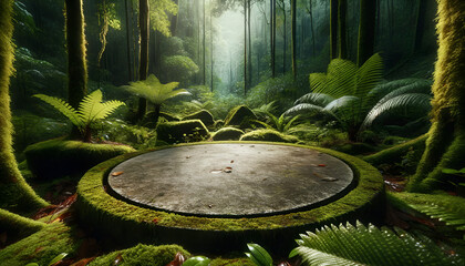 Rugged stone slab amidst the softness of forest ferns.
Generative AI.