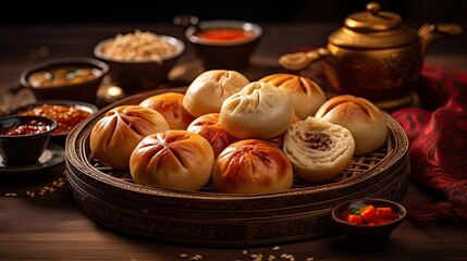 Bakpau on textured table.. Generative AI