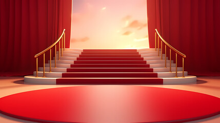 Red carpet staircase with smoke and spotlights, holiday awards ceremony event