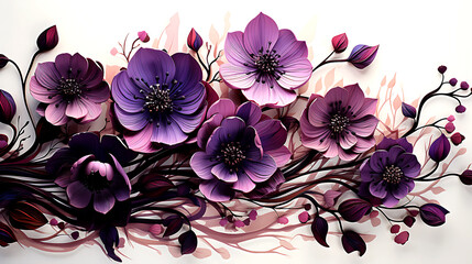 3d watercolor purple flowers with black flower pattern, illustrated