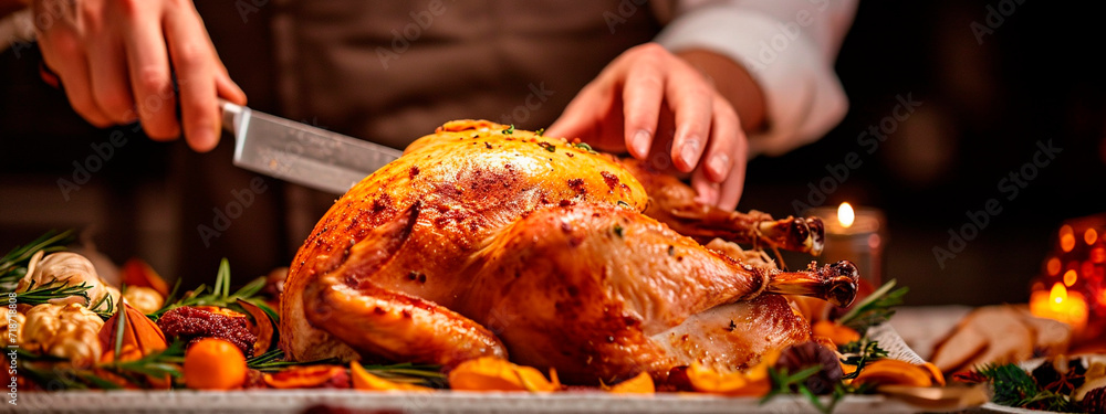 Wall mural cutting turkey with a knife on the table. selective focus.