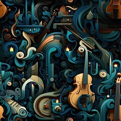 Abstract Neocubism Seamless Pattern with Musical Instruments