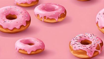 Pink Donut with pink icing isolated on a light pink background. 