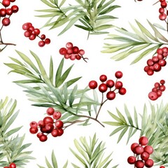 Seamless Pattern of Berries and Leaves on White Background